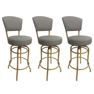 Banqueta Bar Altura 65cm Giratória com Encosto cor Dourado fosco Assento cor linho Cinza grosso Kit 