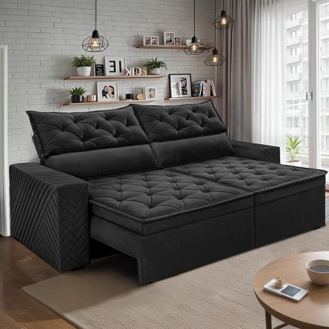 Sofá Retrátil e Reclinável 2,30m Essence Velusoft Preto Cama Inbox