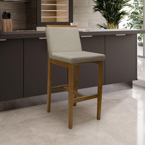 Kit 2 Banqueta Alta em Madeira Maciça Londres Linho Bege