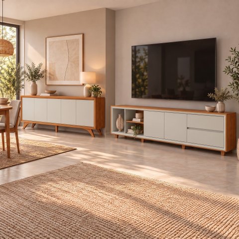 Conjunto Rack + Buffet Premium Rack Off White/Naturalle Buffet Off White/Naturalle Mavaular
