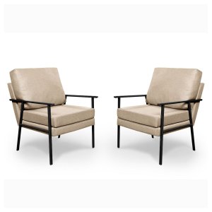 Conjunto 2 Poltronas Decorativa Linho Iron Pés Base Preta:bege