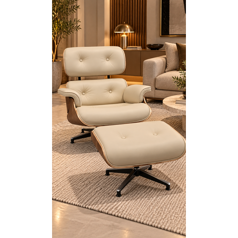 Poltrona Charles Eames com Puff - Couro Legitimo Off White 149- Pau-Ferro