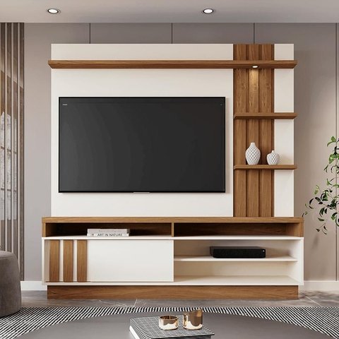 Home Mariana 1,80m Tv 55" Painel Ripado Nichos e Led - Off White / Amendoa