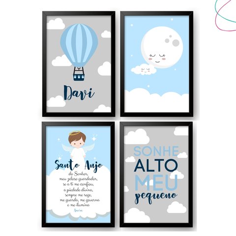 4 Quadros Decoração Quarto Menino Nuvem e Balão Santo Anjo:preta