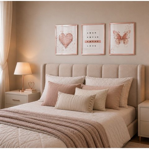 Kit de Quadros Quarto Rose Gold Coração Borboleta Amor 42x32 Vidro