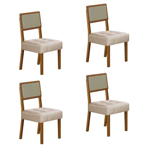 Kit de 4 Cadeiras para Sala de Jantar Pés em Madeira Maciça Liz Bege/Cinamomo/Linho