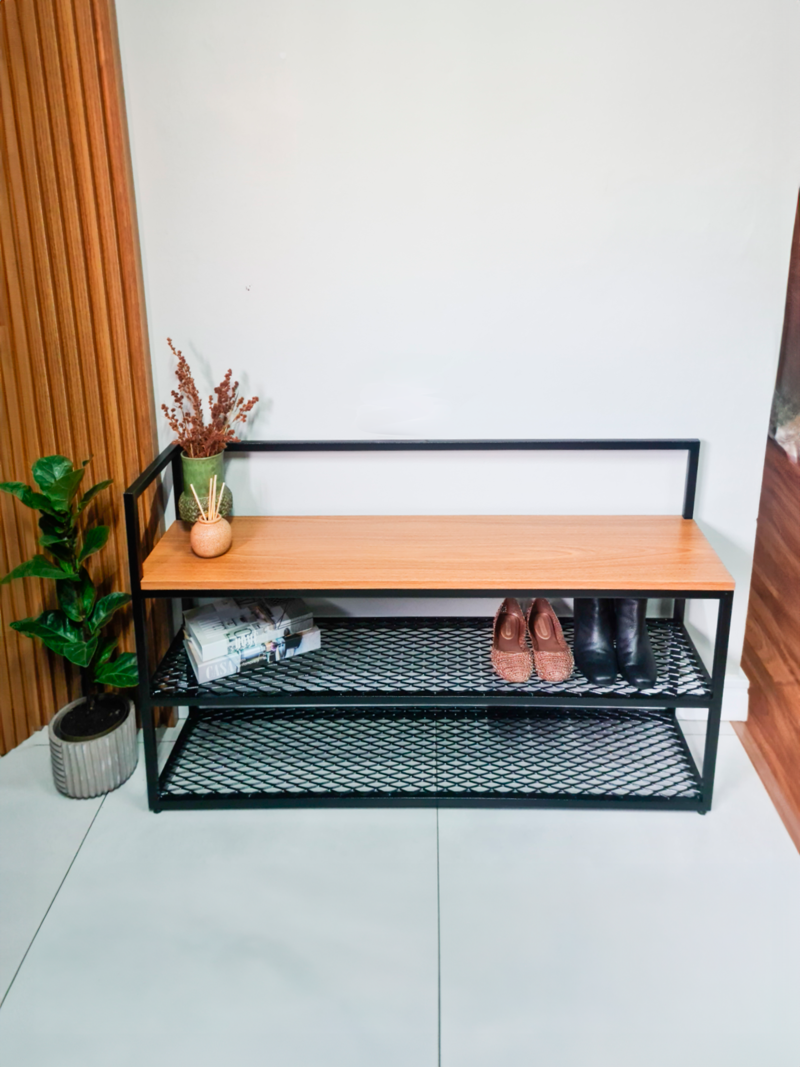 Banco Sapateira Estilo Industrial Ferro com Mdf 100cm