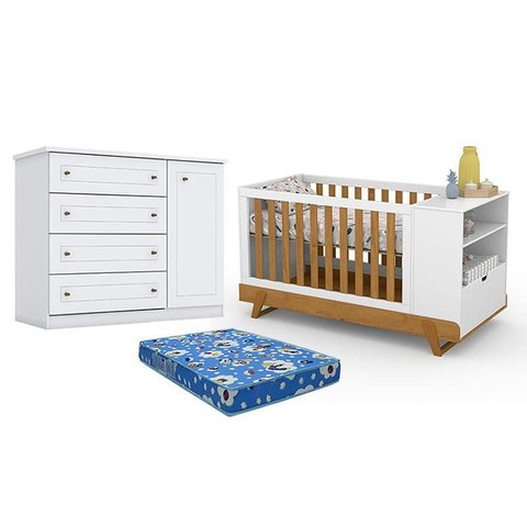 Berço Multifuncional Bkids Branco Freijó Eco Wood - Matic e Cômoda Infantil Americano Branco Hp e Co