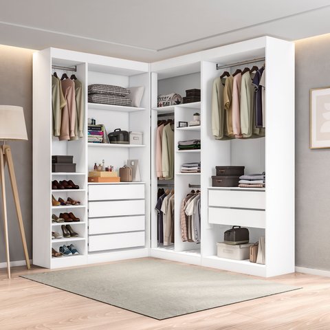 Guarda-Roupas Closet Modulado Roupeiro de Canto L sem Portas 6 Gavetas Sapateira Versatille Yescasa