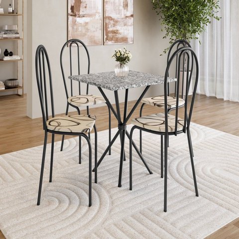 Conjunto Sala de Jantar Mesa Quadrada 70cm Tampo Granito com 4 Cadeiras Leia Preto/Cedro/Ocre