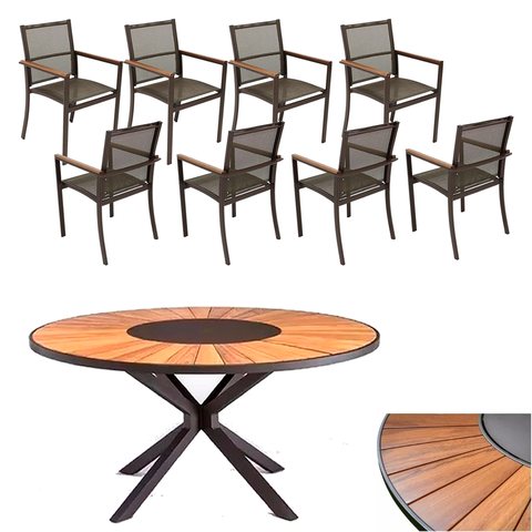Jogo de Mesa Jantar 1,80m Madeira Centro Giratório 8 Cadeiras Alumínio