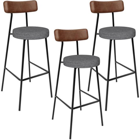 Kit 3 Banqueta Alta Cozinha Sala Jantar Milão L02 Couríssimo Marrom Linho Cinza Escuro - Lyam