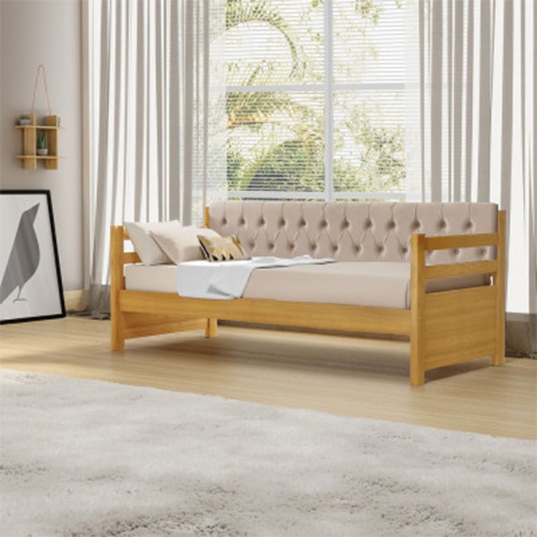 Sofá Cama Solteiro Verona Mona Imbuia Estofado Capitonê Veludo Bege Sofá Cama Solteiro Verona Mona Imbuia Estofado Capitonê Veludo Bege