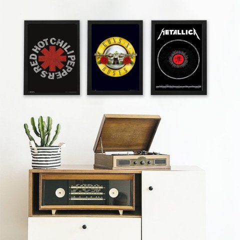 Kit 3 Quadros Decorativos Bandas de rock 33x24cm - com Vidro:madeira Branca