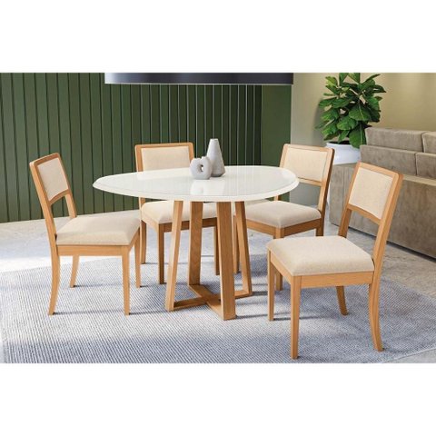 Mesa Cozinha Elma Premium Madeira Maciça C/ Tampo Madeirado C/ Vidro 135x105cm e 4 Cadeiras Alice