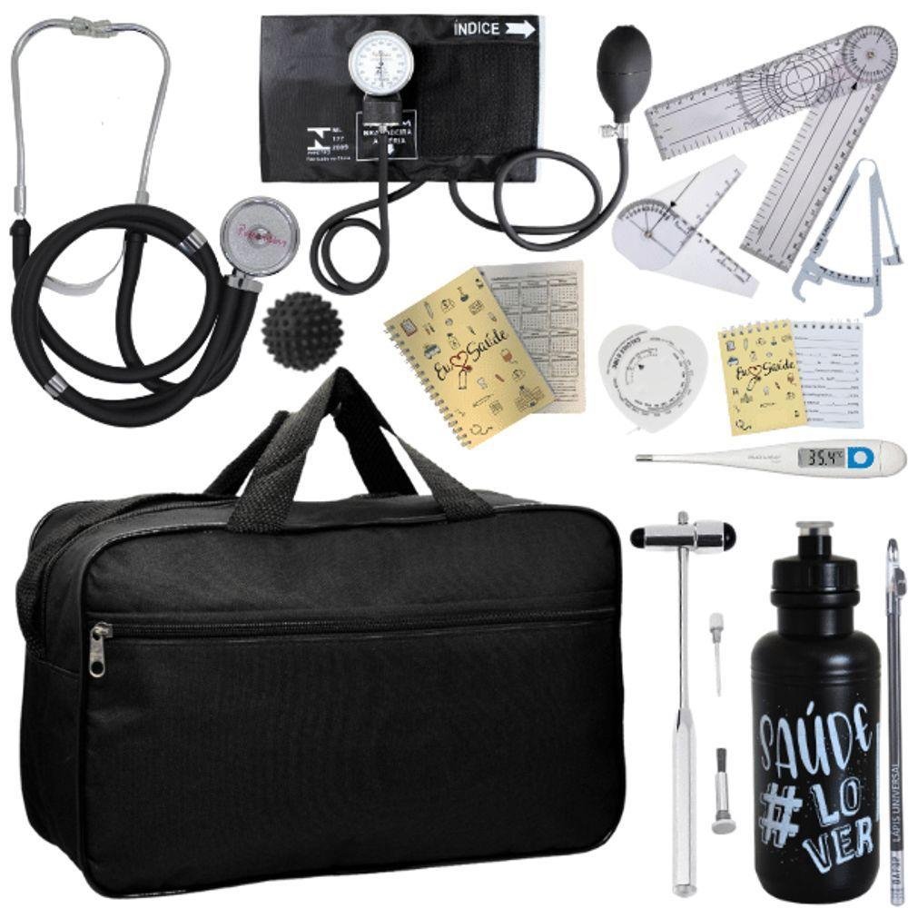 Kit Bolsa Fisioterapia Acadêmico Martelo Buck Goniômetro Preto