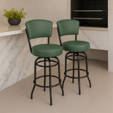 Banqueta Bar com Encosto Giratória Altura 65cm Cor Preta Assento Grosso Confortável Cor Verde 2 Unid