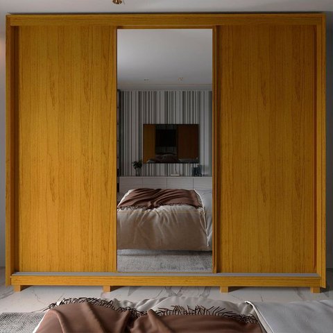 Guarda-Roupa Casal 3 Portas com Espelho com Pés 100% MDF Platinum Marrom/Marrome/Off White