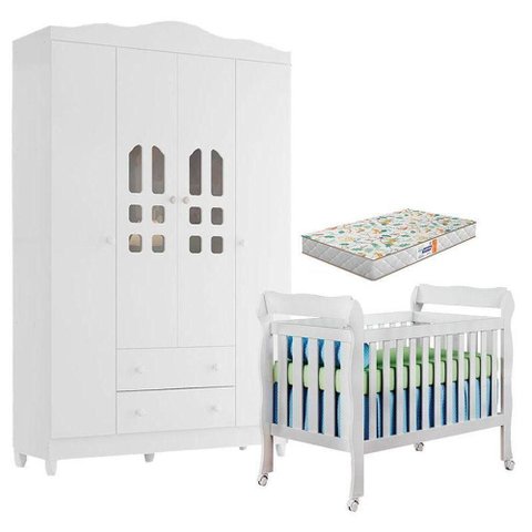 Berço Americano Lila e Guarda Roupa Infantil New Selena 4 Portas Branco Brilho com Colchão Gazin