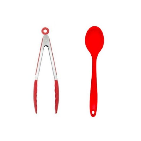 Jogo 2 Peças Colher 27Cm e Pinça Multiuso 25Cm Vermelha.