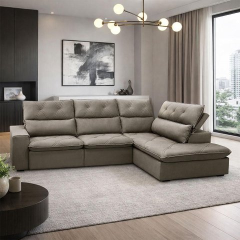 Sofá 3 Lugares Retrátil Reclinável Chaise Direito 258cm Bergen F04 Veludo Marrom Claro - Lyam