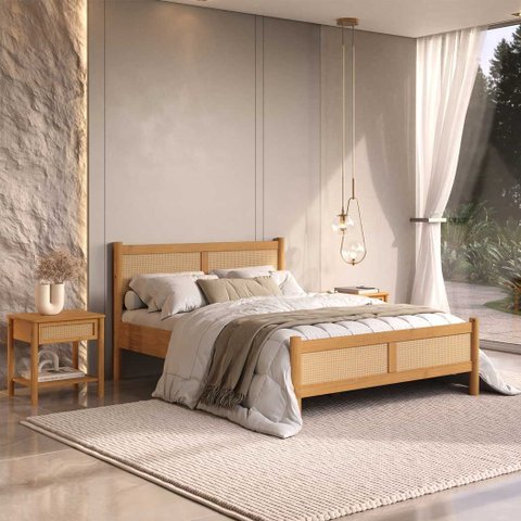 Cama Casal Padrão 140 X 190 Cm Cabeceira de Palhinha Madeira Freijó Cefira  Idimex