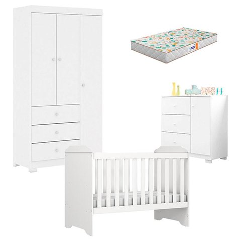 Quarto de Bebê Duda 3 Portas e Berço Americano Mini Cama Mel Branco Brilho com Colchão Gazin – Phoen