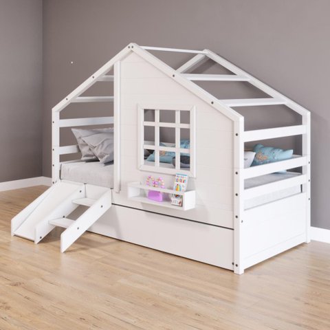 Bicama Casinha com Janela com Escada/escorregador Madeira Maciça Branco Housin