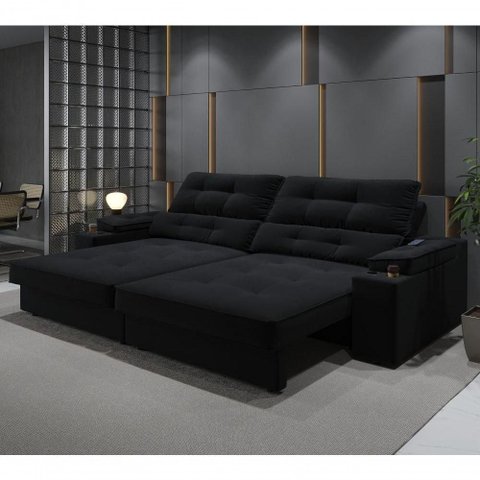 Sofá Santiago 4 Lugares Retrátil e Reclinável 230cm Preto Suede