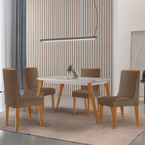 Mesa de Jantar Copper 120cm Tampo Mdf 4 Cadeiras Moderna Veludo Capuccino/off/nat/serig Off