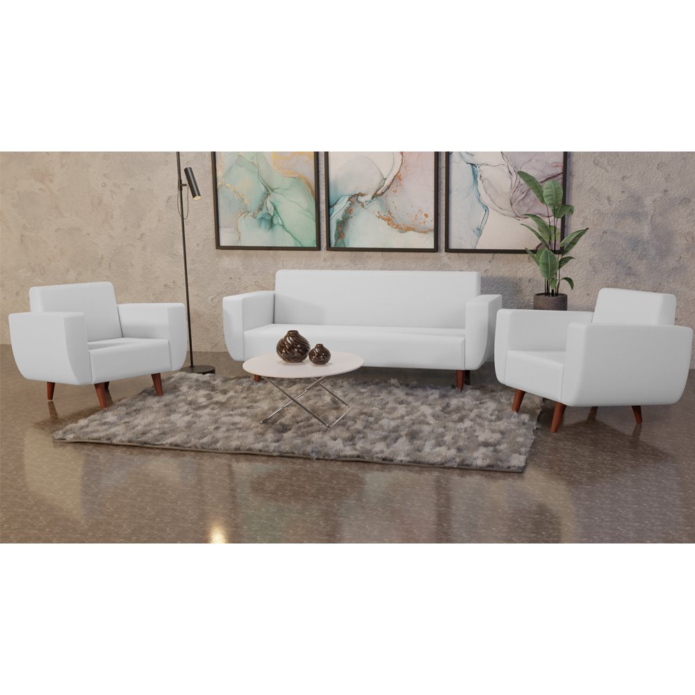 Conjunto Sofá Ravena 3 Lugares + 2 Poltronas Ravena Corino Branco