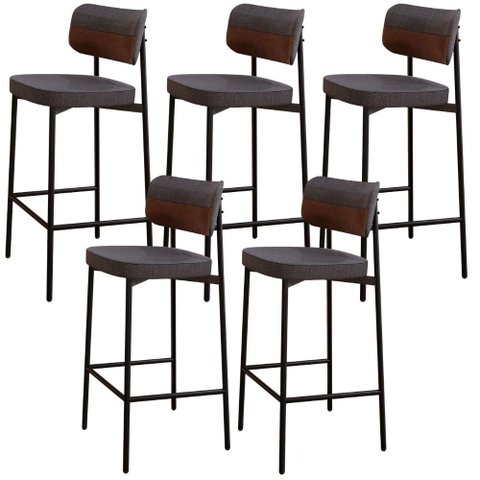 Kit 05 Banquetas Alta Bar Cozinha Sala de Jantar Aço Preto Kaira C01 Linho Preto Courino Whisky -
