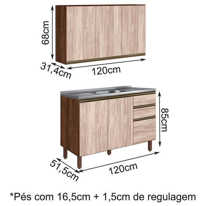 Armario Aereo e Balcao Para Pia 120cm MDF Kali Premium Amendoa Arezzo ...