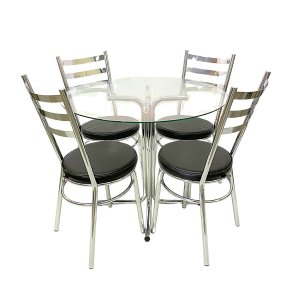 Conjunto de Mesa Redonda com 4 Cadeiras Cromadas Reforço Assento Preto e Tampo de Vidro