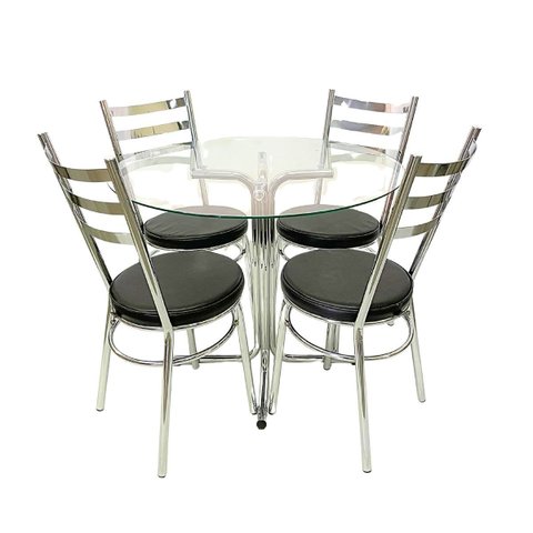 Conjunto de Mesa Redonda com 4 Cadeiras Cromadas Reforço Assento Preto e Tampo de Vidro