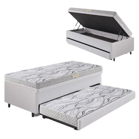 Bicama Box Baú 88x188 Corino Linho com Colchão de Espuma Ecoline D20 Ecoflex