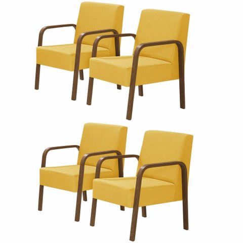 Kit 4 Poltronas 1 Lugar Jade Braço Madeira Amarelo