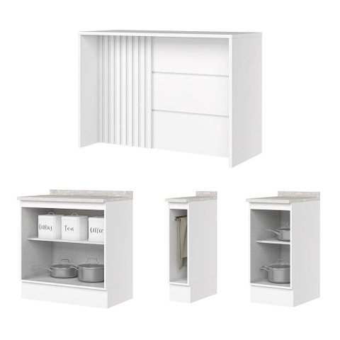 Kit Ilha Gourmet com Balcões 80cm, 40cm e Porta Toalha Americana Branco - Móveis Henn
