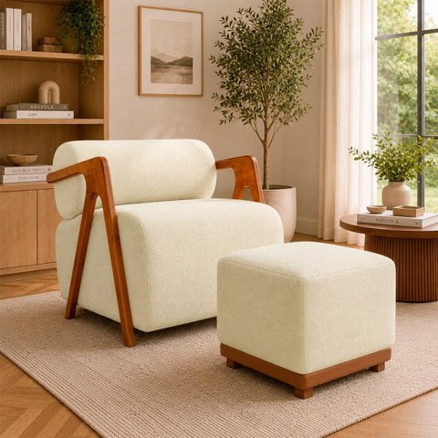 Kit Poltrona Decorativa Chloe com Puff Dalilla para Sala Moderna Confortável Bouclé Bege Premium