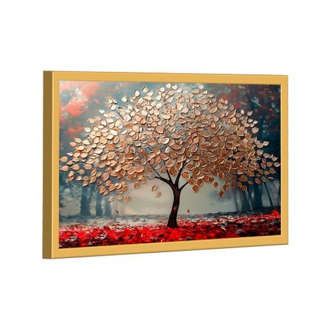 Quadro Decorativo Árvore Dourada com Lindas Folhas 150x100cm Moldura Dourada