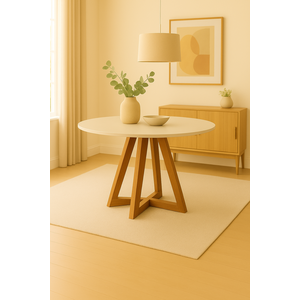 Mesa Jantar 100cm Tampo Mdf/vidro Redonda 4 Lugares Pés Madeira Maciça Mel/offwhite