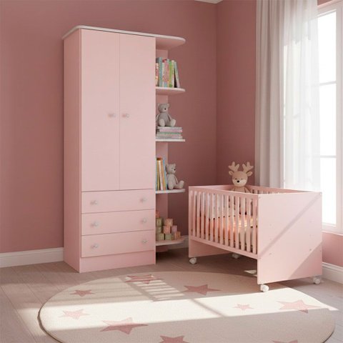 Quarto Bebe Infantil Doce Sonho Berço Reto Rodizio e Guarda Roupas 2 Portas 3 Gavetas Qmovi