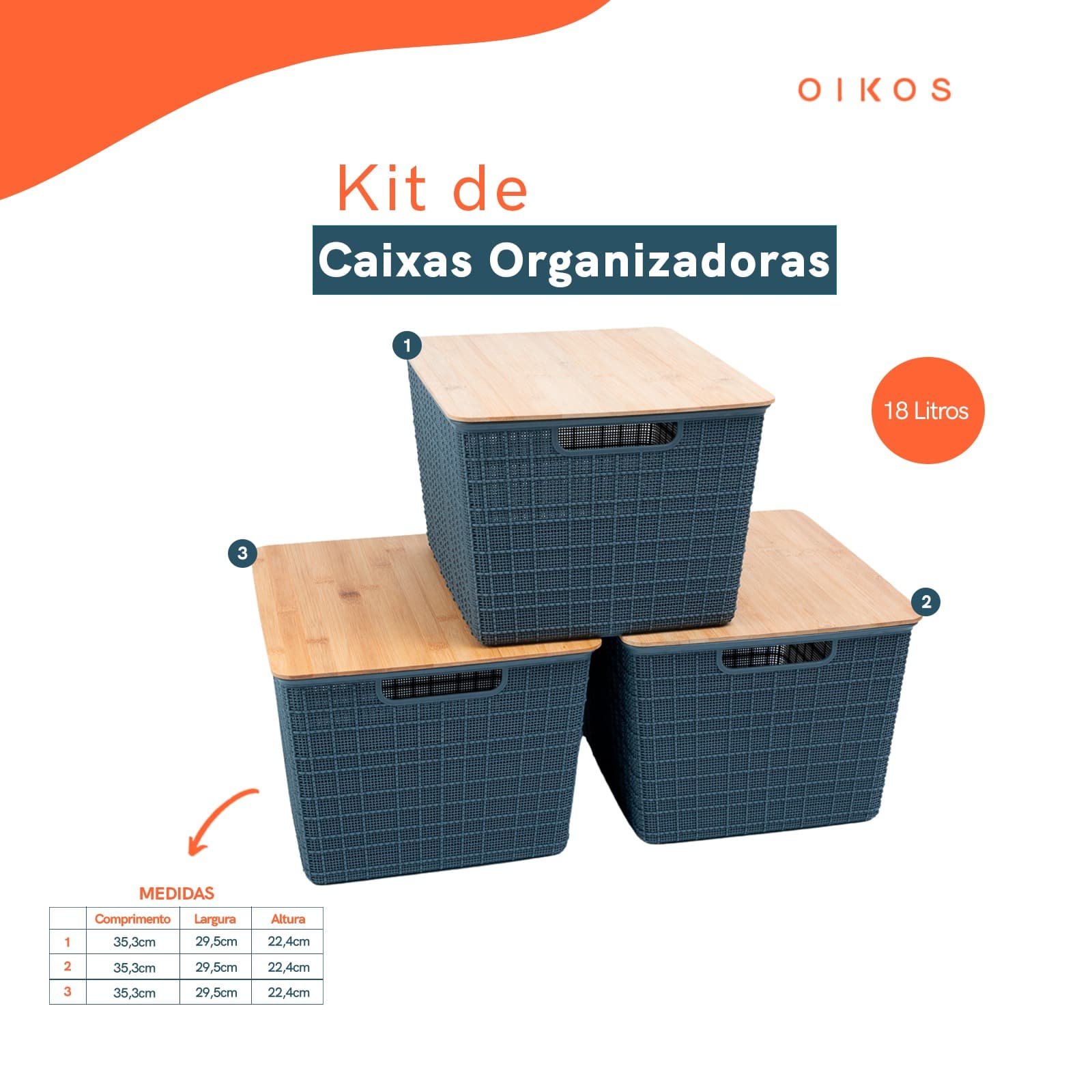 Kit 3 caixas organizadoras tampa de bambu 18l cinza - Oikos - 2