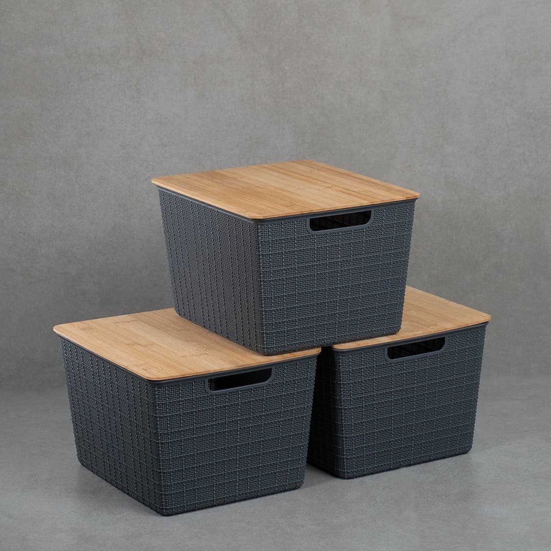 Kit 3 caixas organizadoras tampa de bambu 18l cinza - Oikos - 5