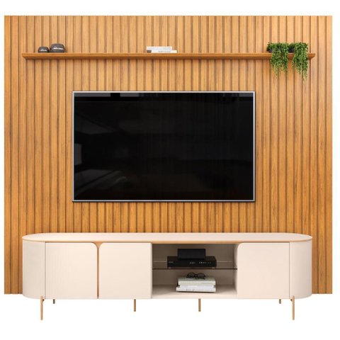 Painel para TV Trento 275 Ripado Off White Cedro com Bancada Ariana- DJ Móveis