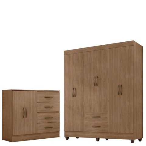 Kit Guarda-roupa Casal 6 Portas com Cômoda Sapateira 4 Gavetas Lisa Carvalho Oak