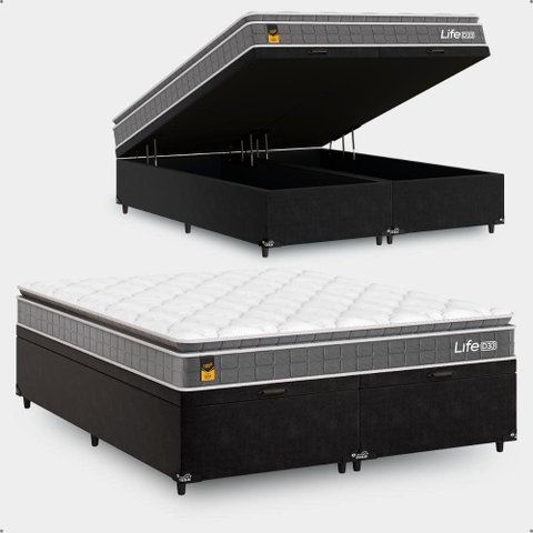 Cama Box Baú Queen Bipartido Preto + Colchão Life D33 Pillow Top 61x158x198cm Cinza- e-Shop Casa