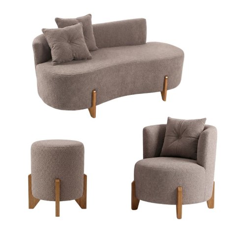 Kit Decorativo Sofá Curvo Orgânico + 01 Puff e Poltrona Luna Boucle Cappuccino - Montanaris Decor