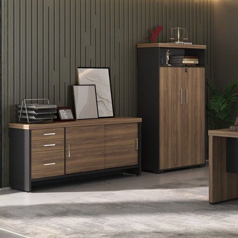 Kit 2 Peças com Balcão Organizador e Armário Multiuso 2 Portas Marrom/Nogal/Preto Artany