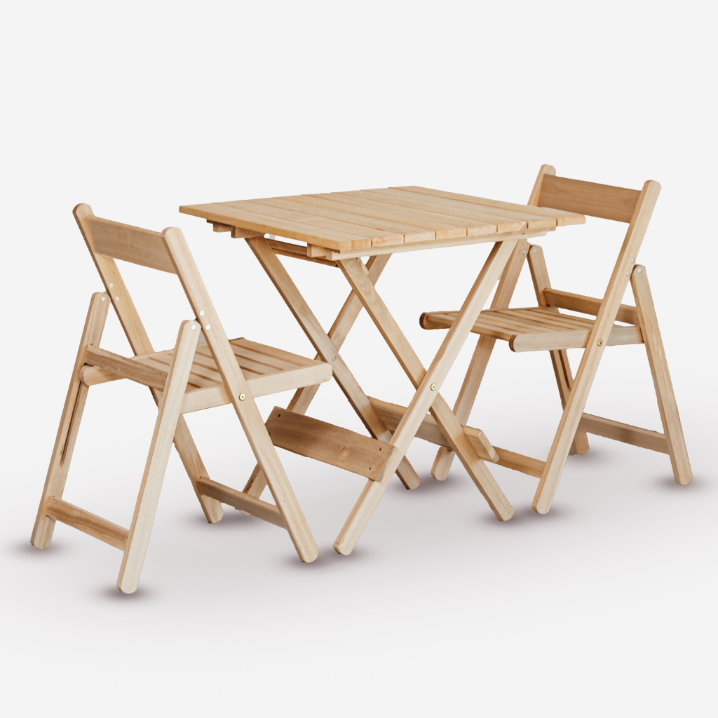 Conjunto de Mesa 70x70 e 2 Cadeiras Davos Dobrável Eucalipto sem Pintura Marcenaria Real